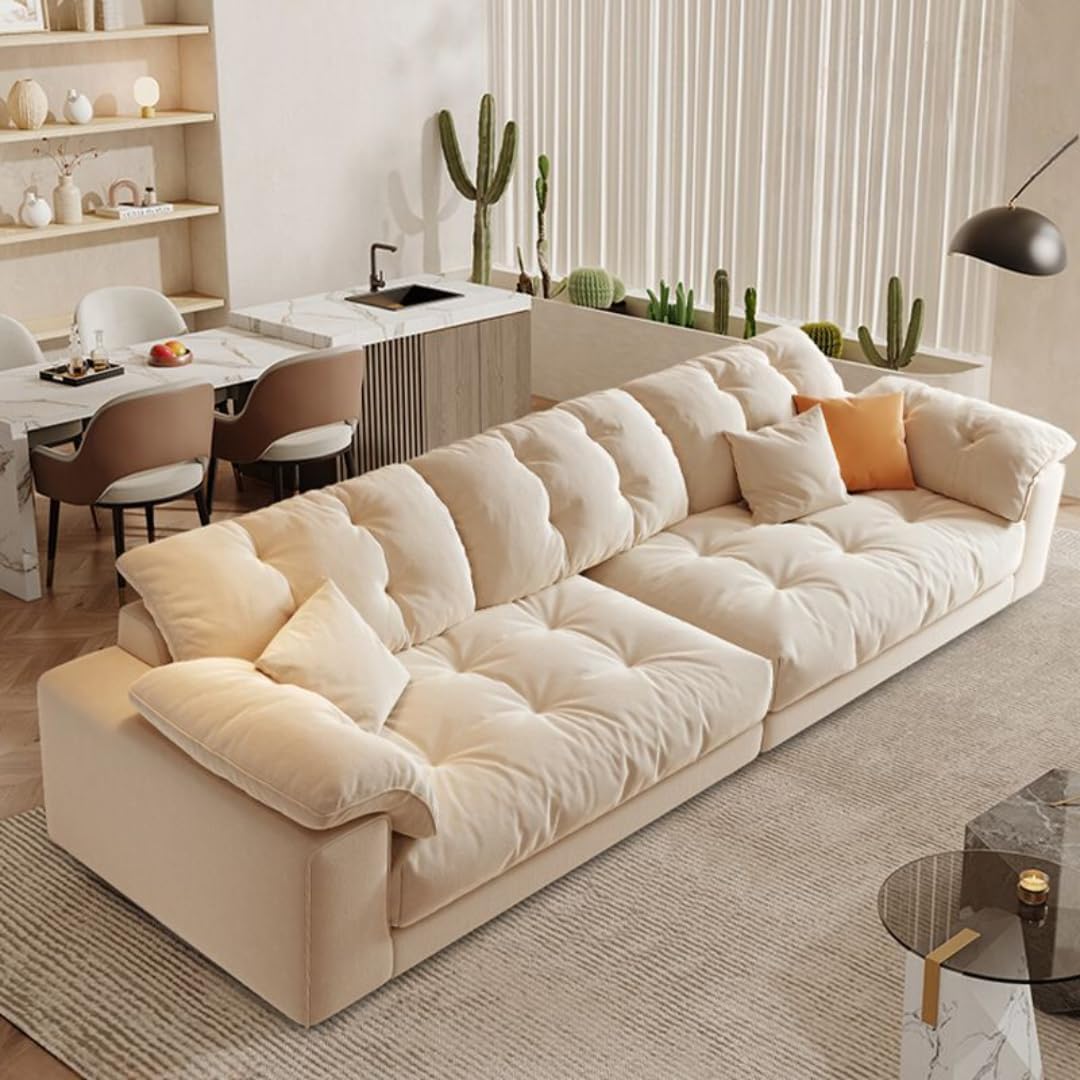 Comfynest Minimalist Sofa Couch – Cream Upholstered Tufted Back Sofa with Pillow Top Arms & Concealed Support